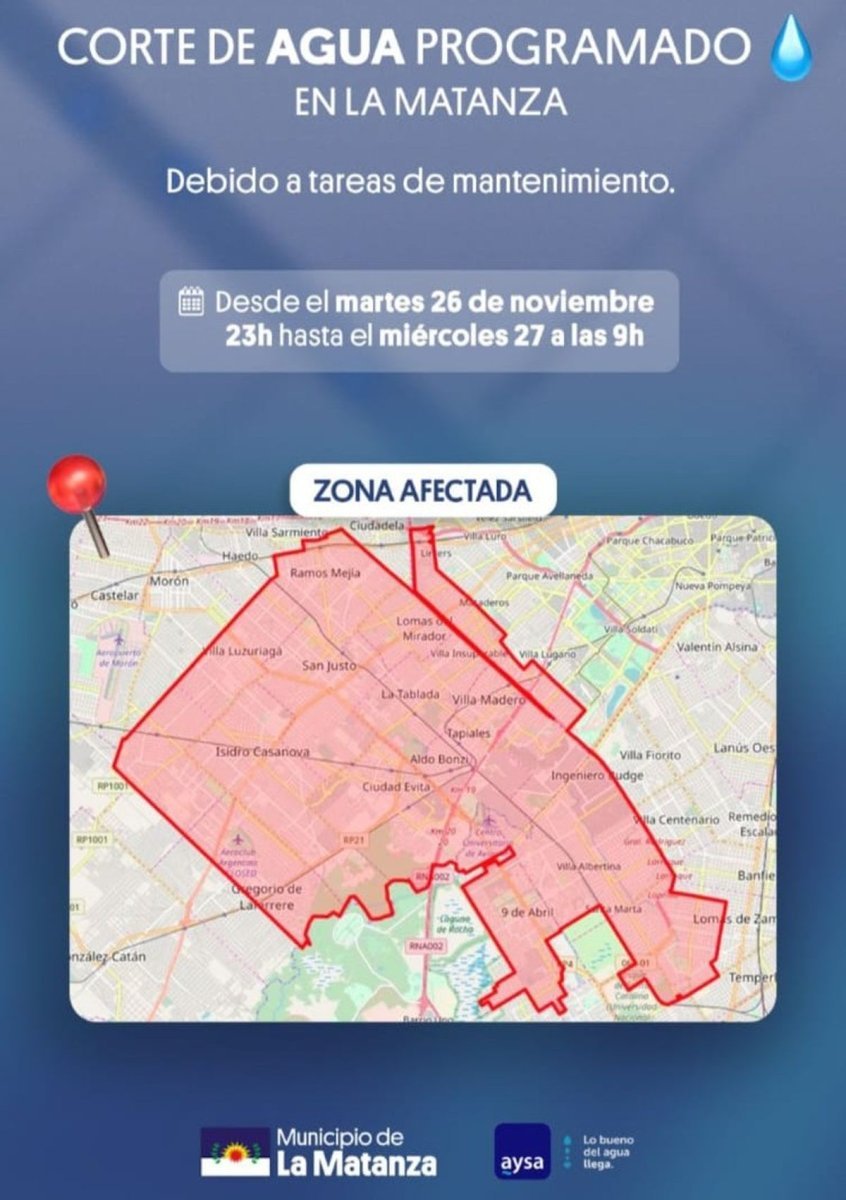 Corte programado de agua en La Matanza por tareas de mantenimiento: las zonas afectadas