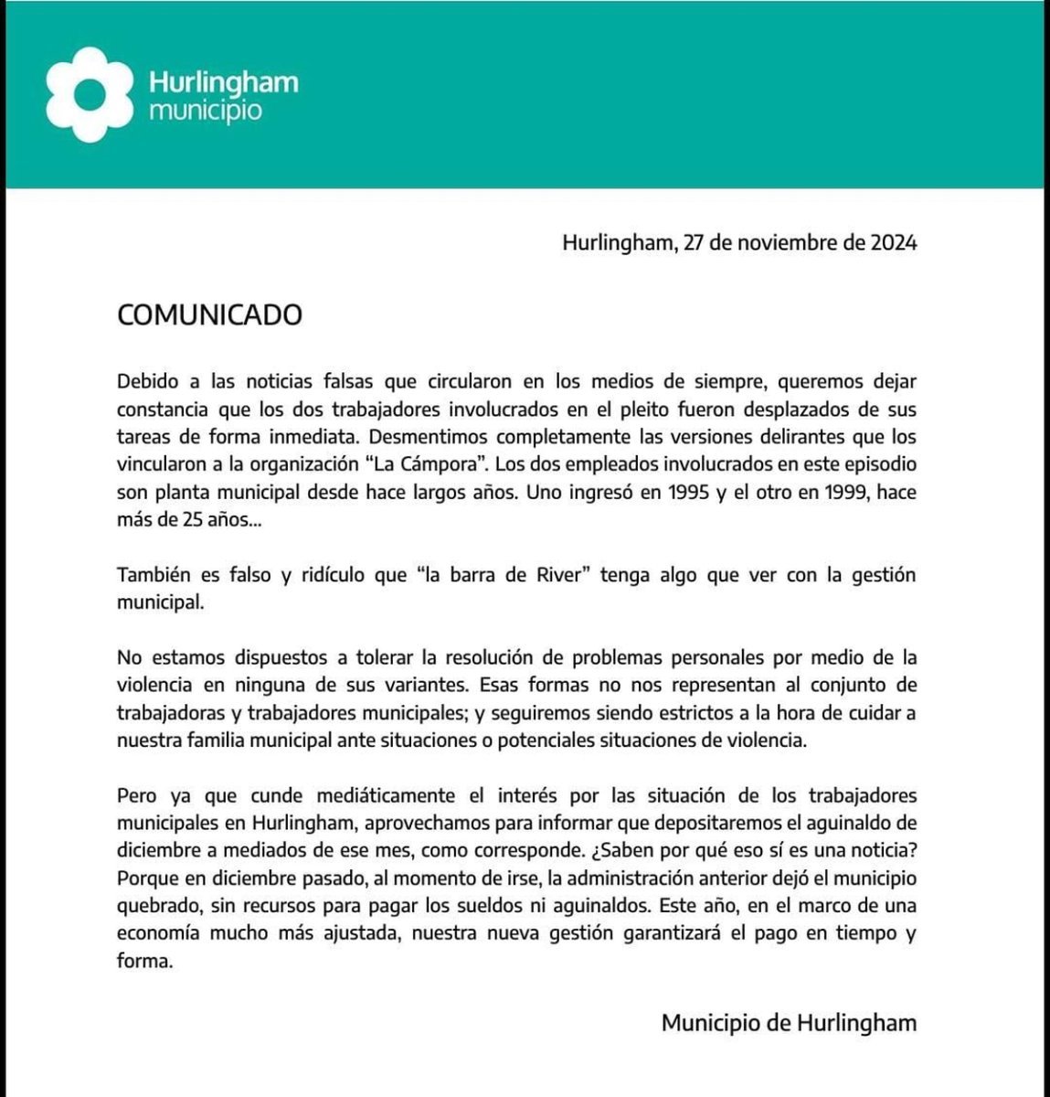 El comunicado oficial del Municipio de Hurlingham.