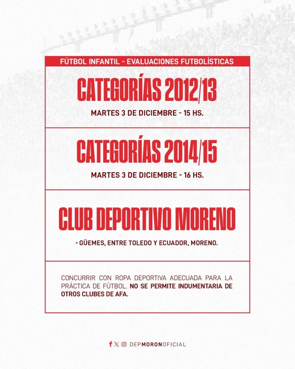 El Deportivo Mor&oacute;n realizar&aacute; pruebas de jugadores para las categor&iacute;as Infantiles de AFA.