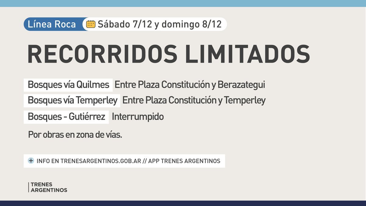 Los tres ramales del Tren Roca se ver&aacute;n afectados este fin de semana por obras.