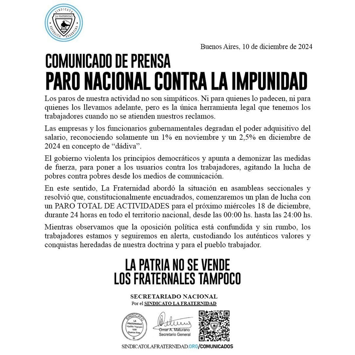Comunicado por el paro de trenes de La Fraternidad.