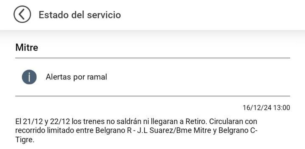 Dos ramales del Tren Mitre funcionar&aacute;n con recorrido limitado este fin de semana.