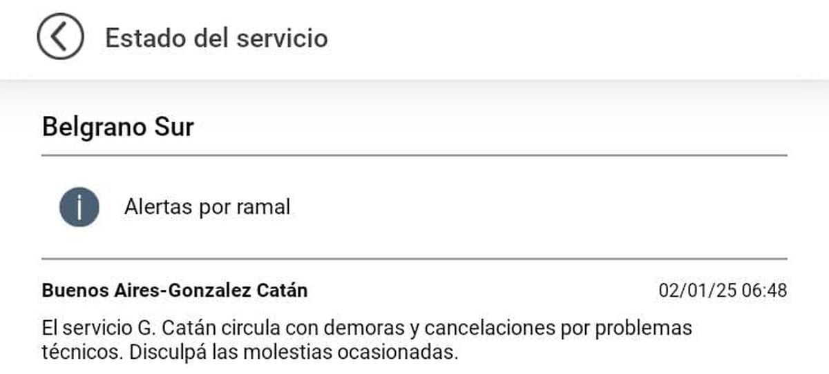 &iquest;C&oacute;mo funcionan el Tren Sarmiento, San Mart&iacute;n y Belgrano Sur este jueves?