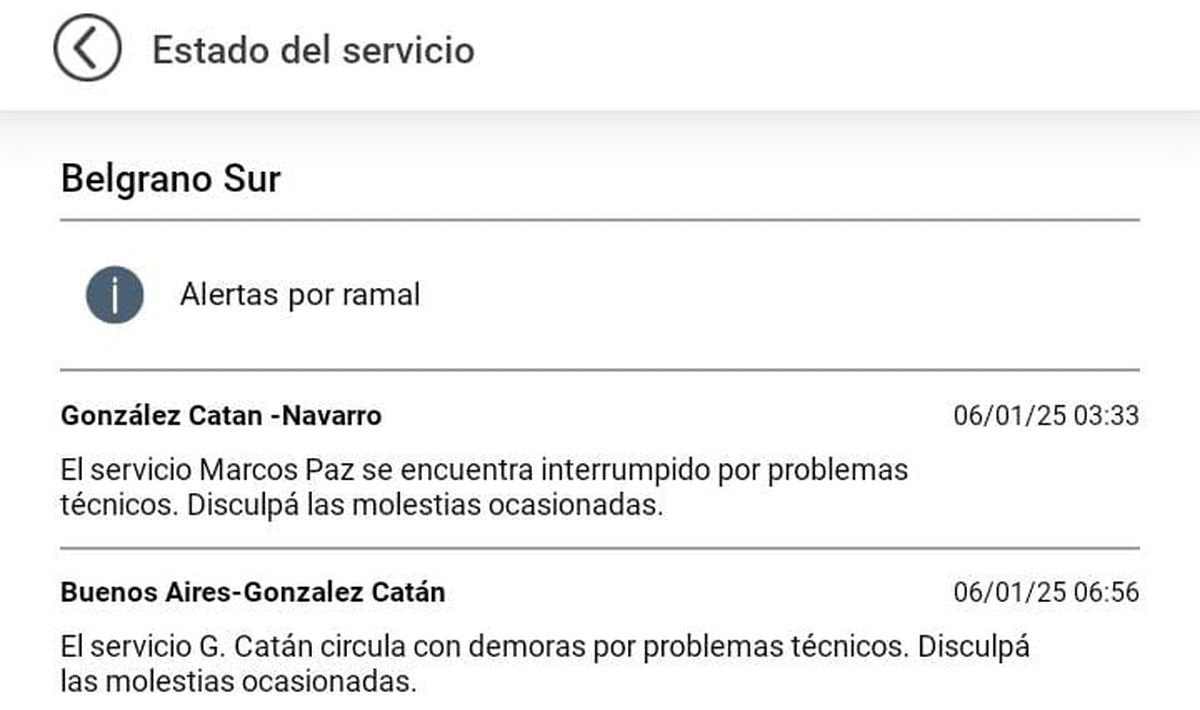 El estado del Tren Sarmiento, Belgrano Sur y San Mart&iacute;n para este 6 de enero.