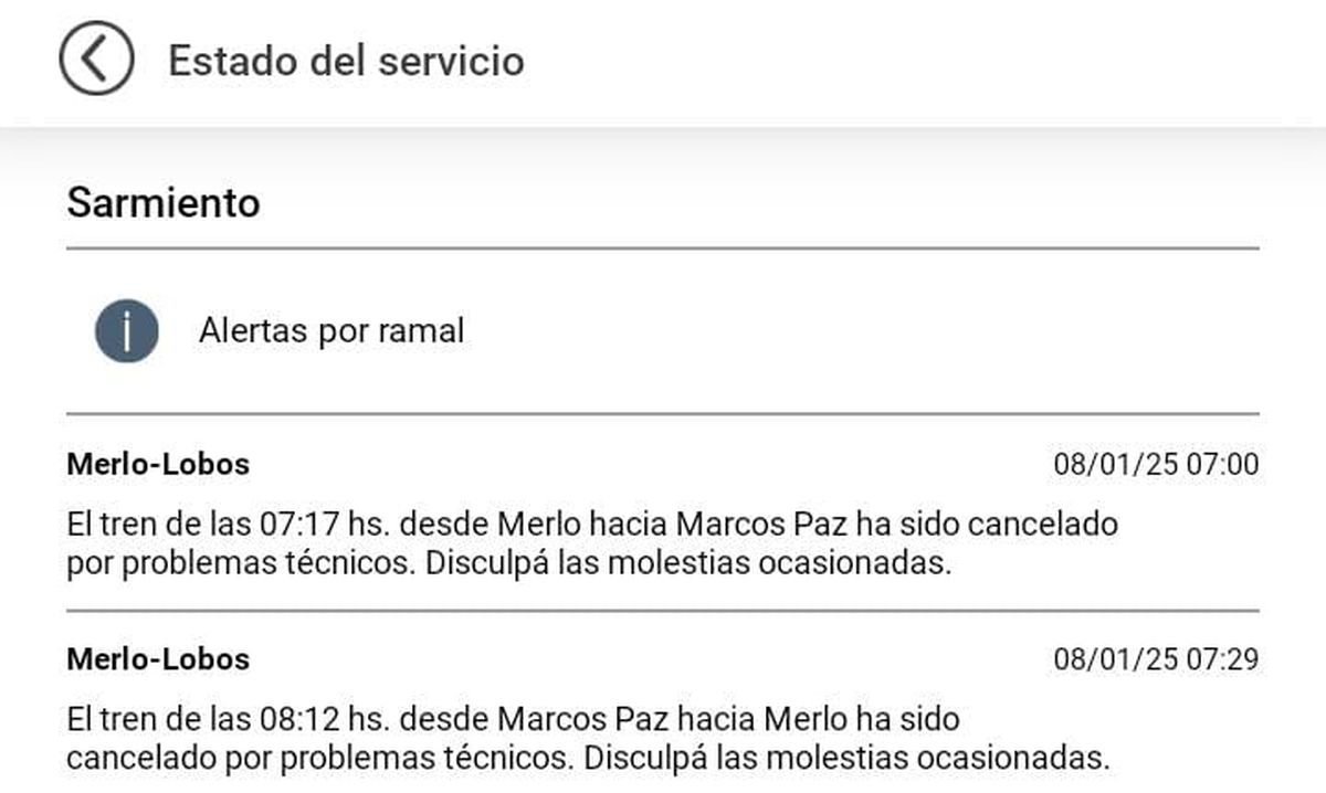 El ramal Merlo - Lobos del Tren Sarmiento funciona con cancelaciones.