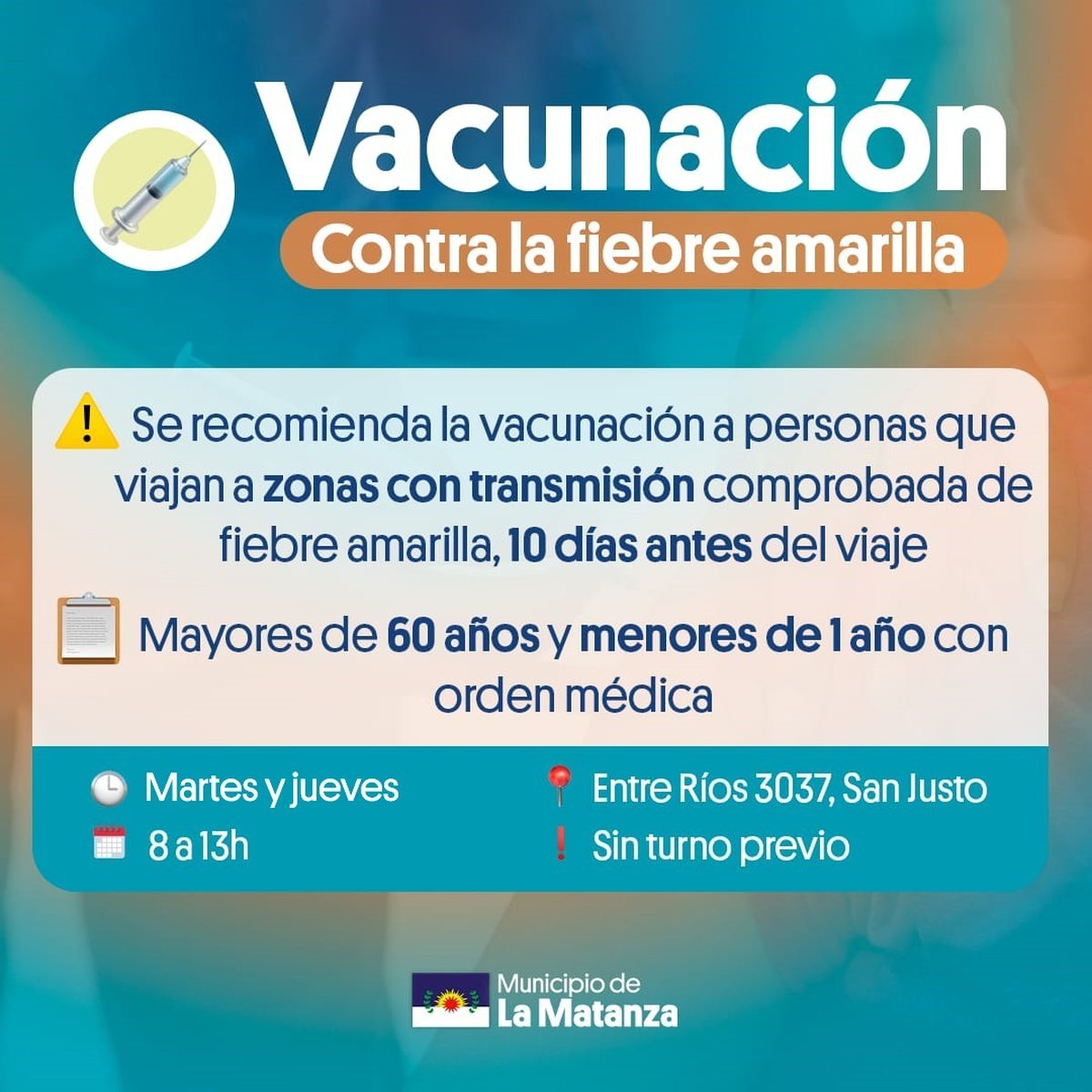 La Matanza lleva adelante la campa&ntilde;a de vacunaci&oacute;n gratuita contra la Fiebre Amarilla.