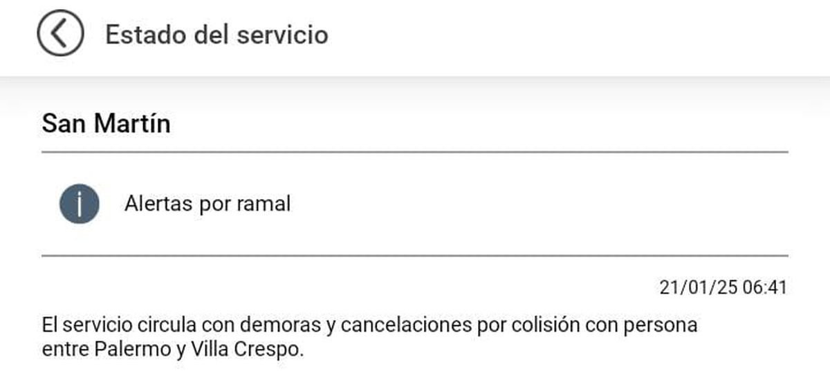 El Tren San Mart&iacute;n circula con demoras luego de un accidente en cercan&iacute;as a Palermo.