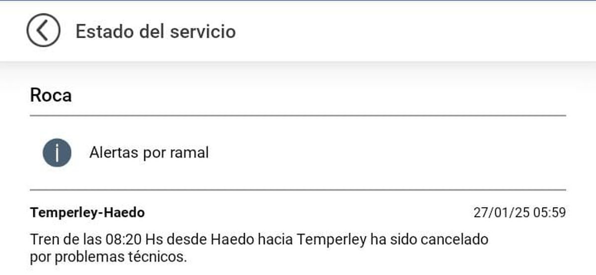 Estado del Tren Roca para este lunes. El Tren Sarmiento funciona con normalidad.