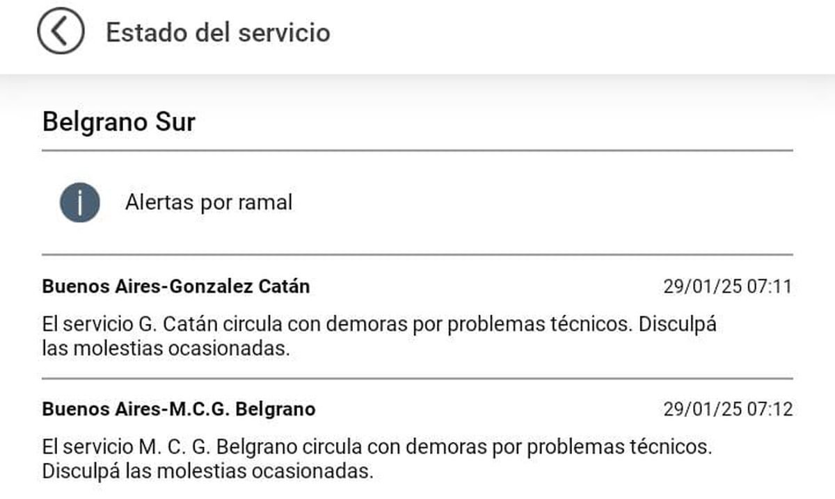 Estado del servicio del Belgrano Sur. El Tren Sarmiento circula con normalidad.