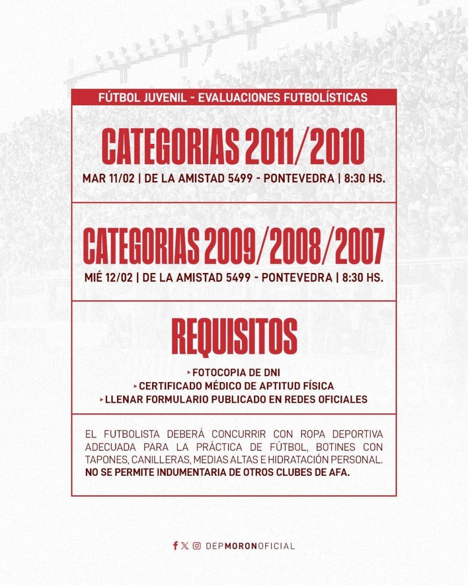 El Deportivo Mor&oacute;n realizar&aacute; pruebas de jugadores.