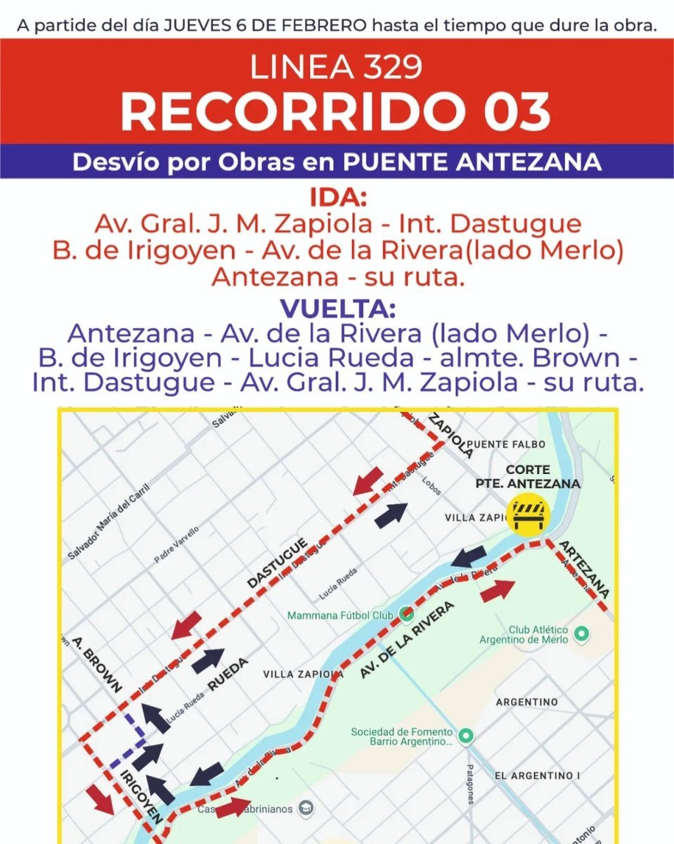 El desv&iacute;o del recorrido 3 de la l&iacute;nea 329 en Merlo Norte.