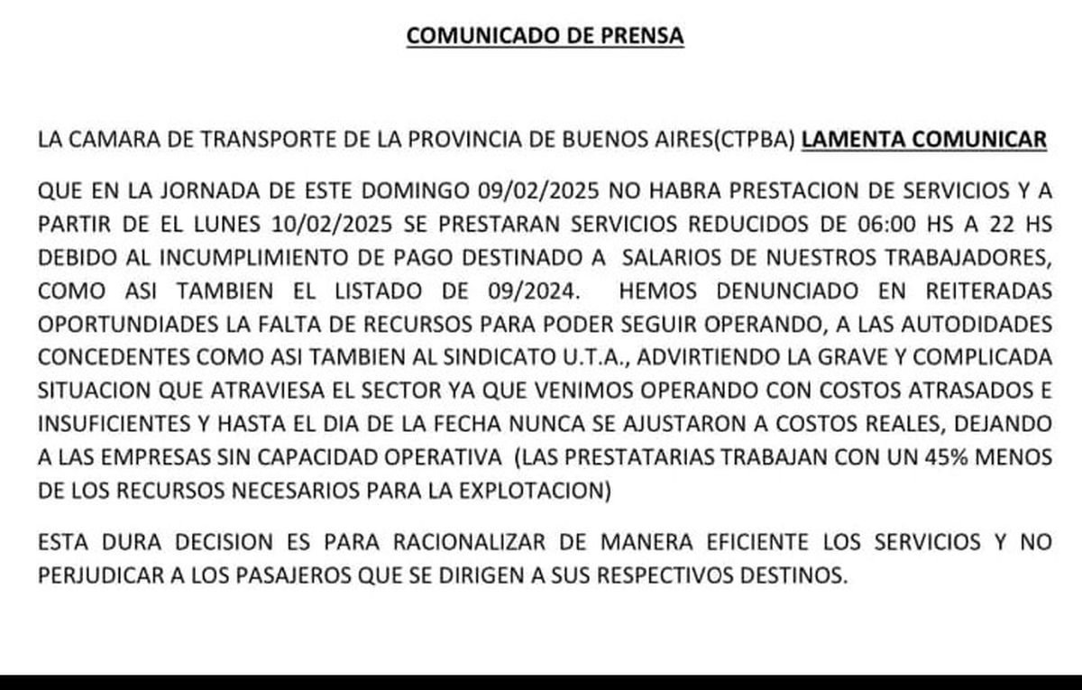 Comunicado de la C&aacute;mara de Transporte de la Provincia de Buenos Aires frente al paro de colectivos.