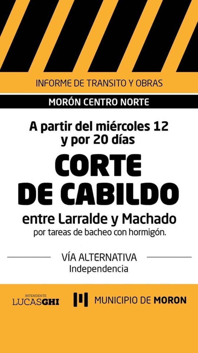 Corte de tr&aacute;nsito en Mor&oacute;n centro por obras de bacheo por 20 d&iacute;as.