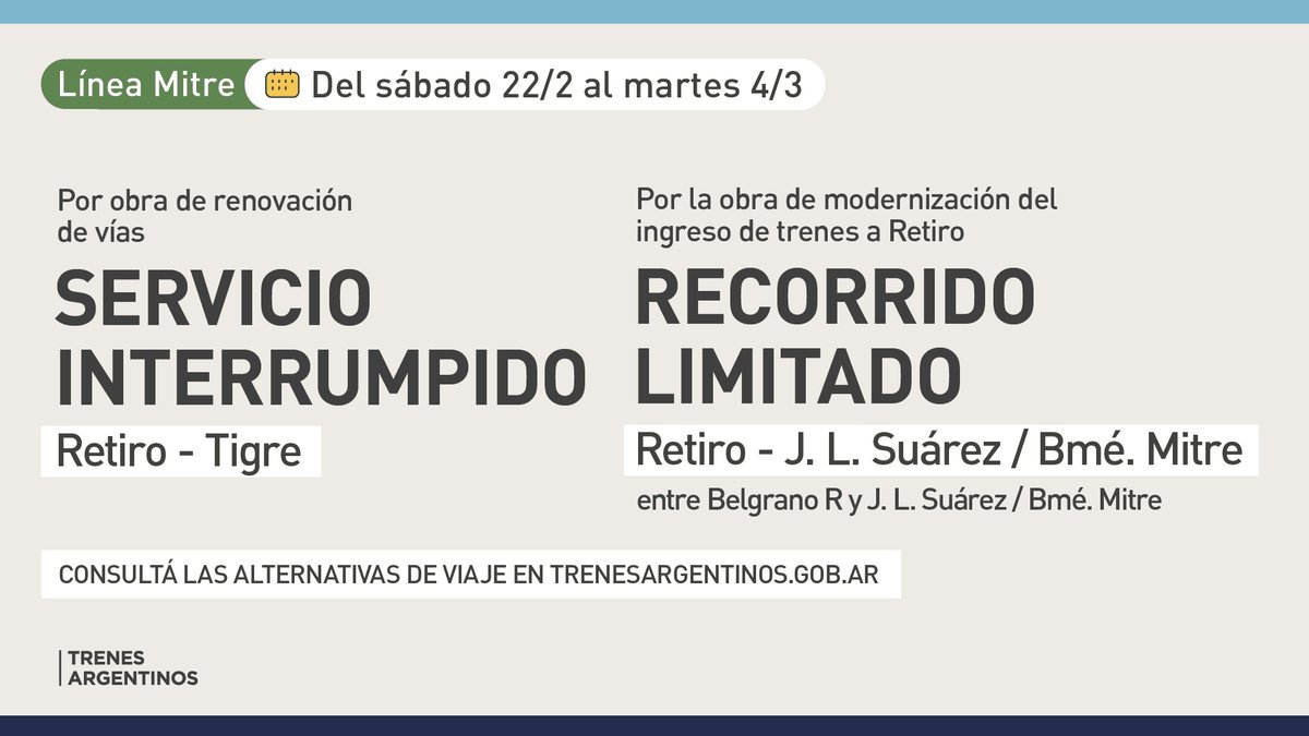 Un ramal del Tren Mitre dejar&aacute; de funcionar hasta marzo por obras en zona de v&iacute;as.