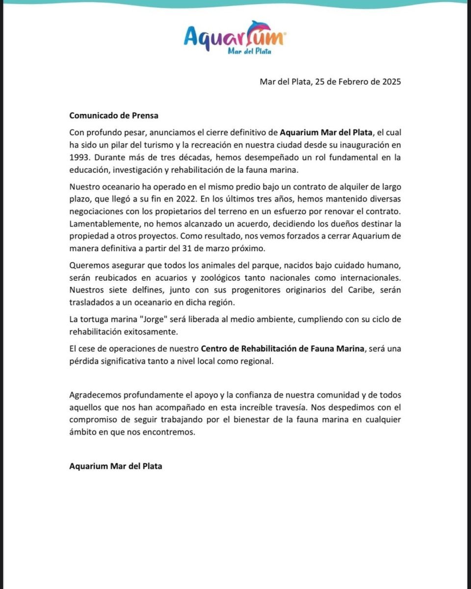 Comunicado de Aquarium Mar del Plata.