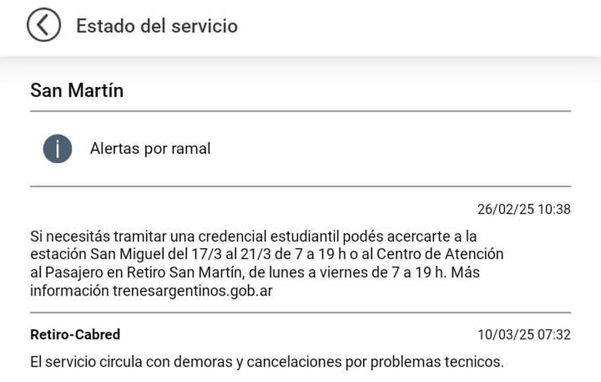 Demoras y cancelaciones en el Tren San Mart&iacute;n esta ma&ntilde;ana.