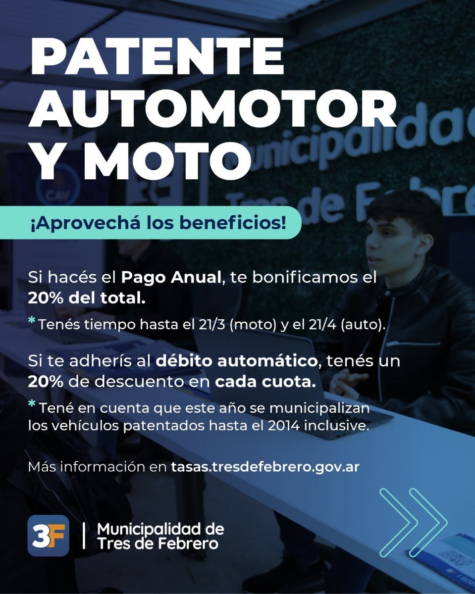 Tres de Febrero: c&oacute;mo obtener el 20% de por el pago de la patente de auto y moto.