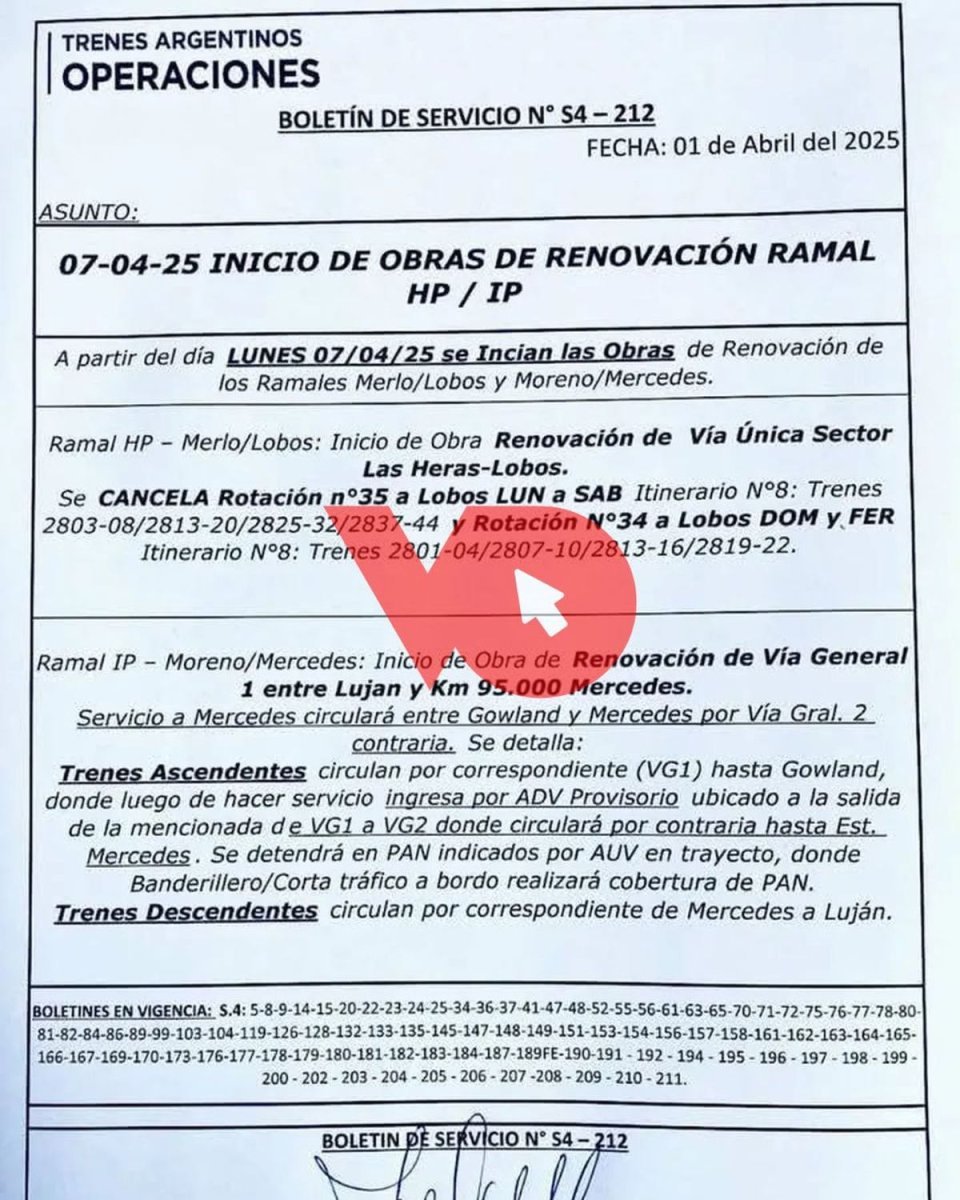 El bolet&iacute;n oficializando la medida para el Tren Sarmiento.