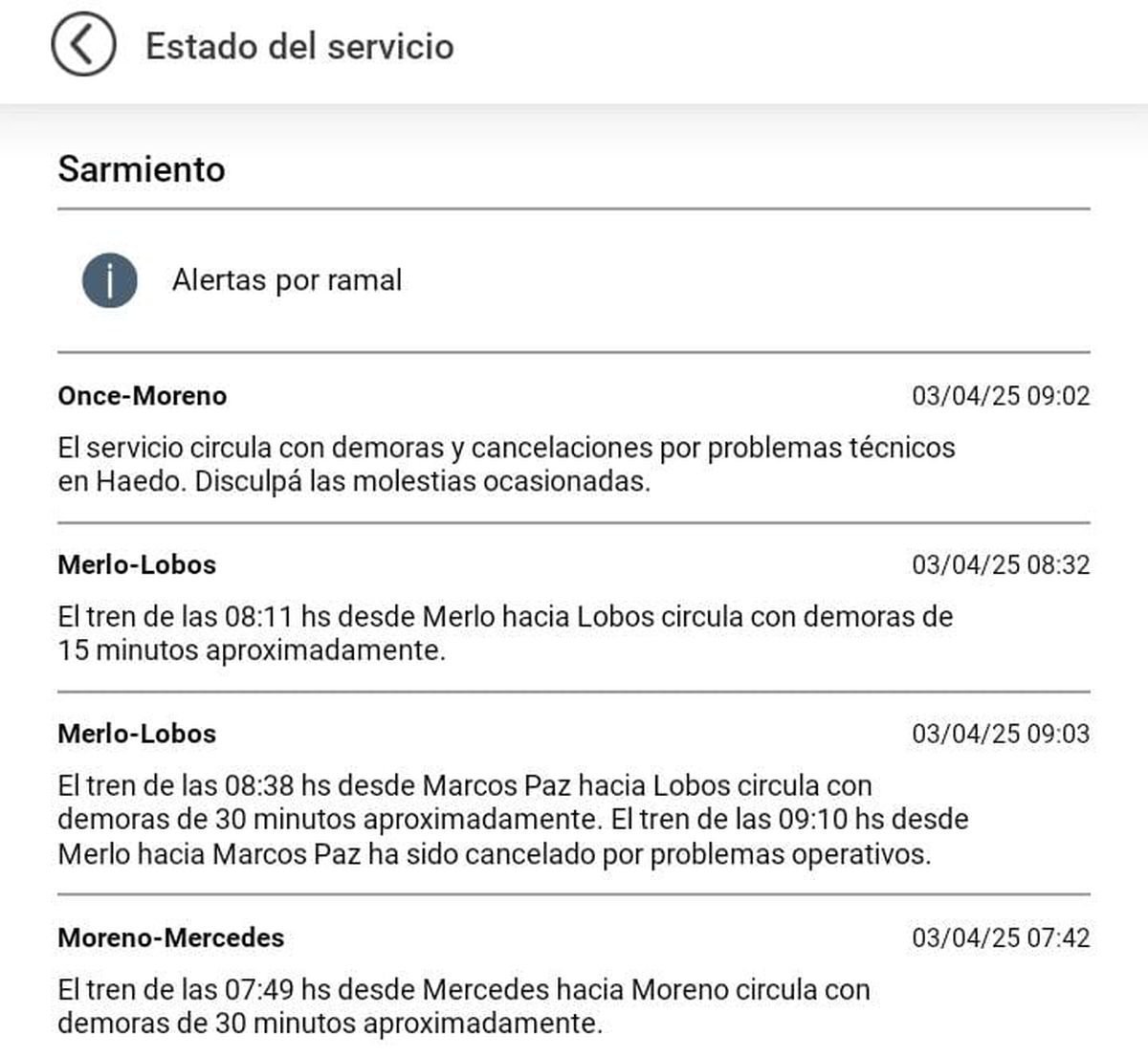 El Tren Sarmiento circula con demoras por problemas t&eacute;cnicos.