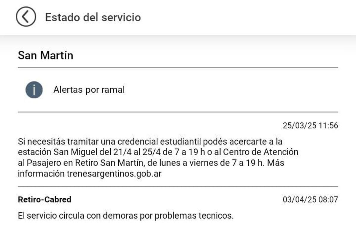 El Tren San Mart&iacute;n circula con demoras por problemas t&eacute;cnicos.