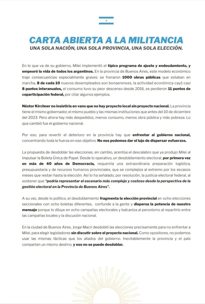La carta firmada por los otros cuatro intendentes peronistas del Oeste.