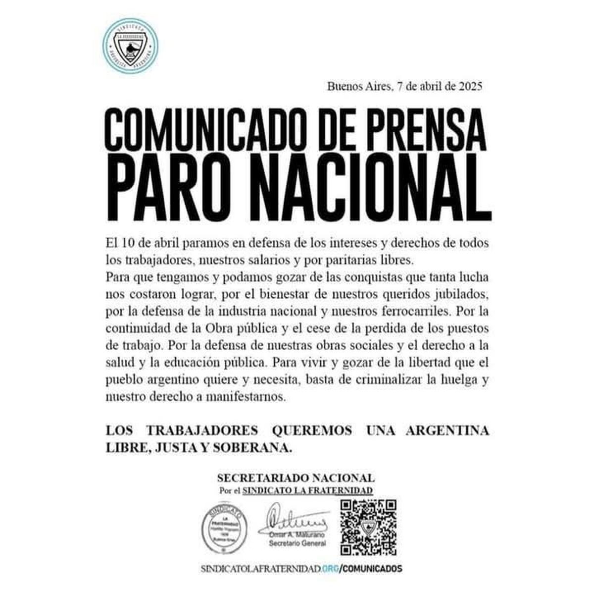 Sin trenes el jueves: La Fraternidad anunci&oacute; que se suma al paro general.