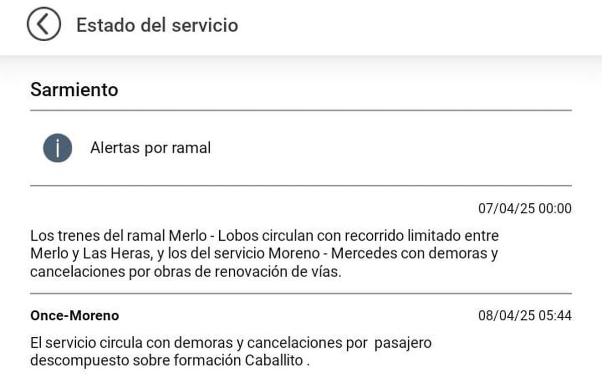 Demoras y cancelaciones en los servicios del Tren Sarmiento.