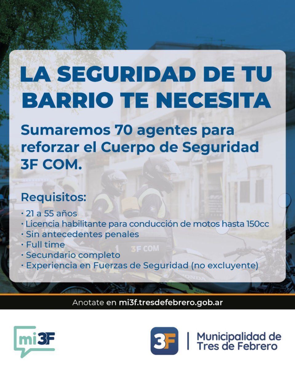 B&uacute;squeda abierta en el Cuerpo de Seguridad de Tres de Febrero.
