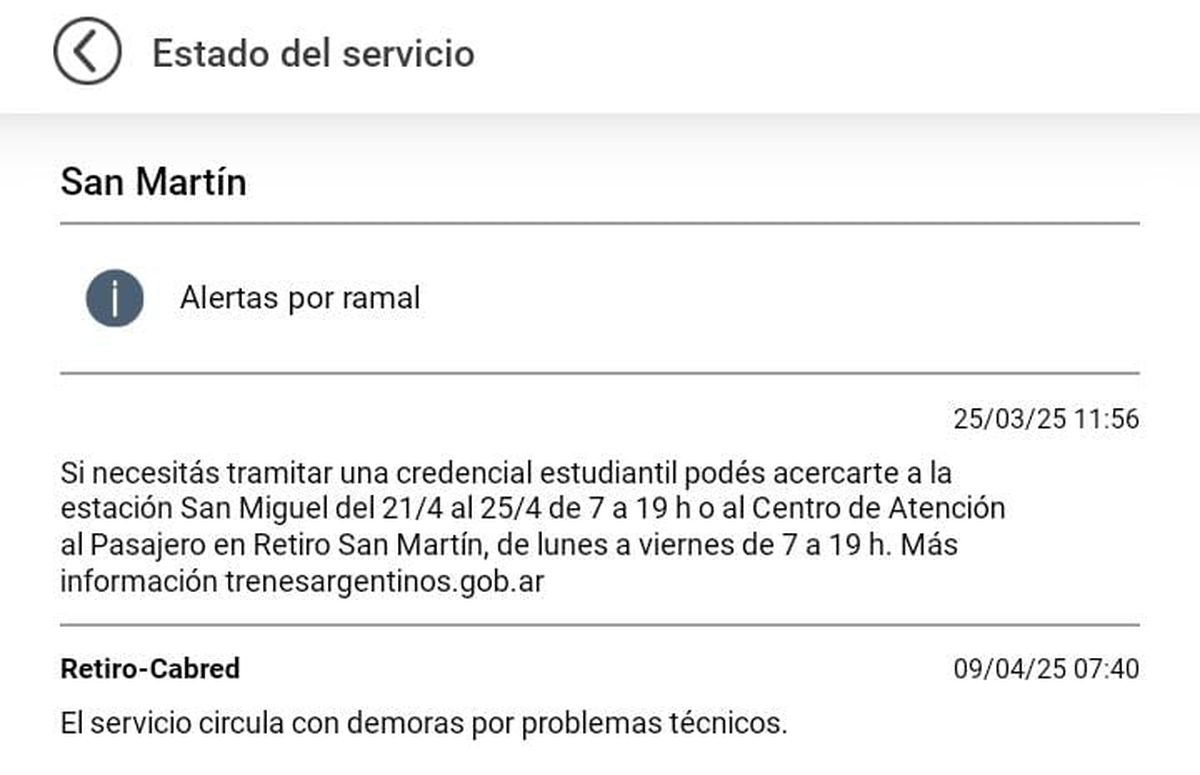 El Tren San Mart&iacute;n funciona con demoras este mi&eacute;rcoles 9 de abril.
