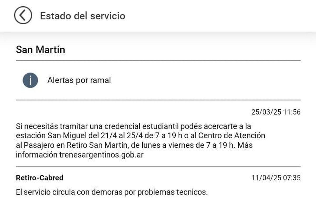 Hay problemas t&eacute;cnicos en el Tren San Mart&iacute;n y funciona con demoras.