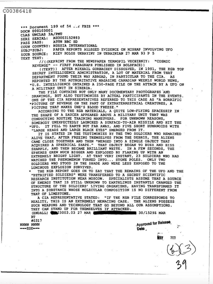 Documento desclasificado de la CIA sobre un presunto ataque extraterrestre a 23 soldados sovi&eacute;ticos. Foto: CIA.  