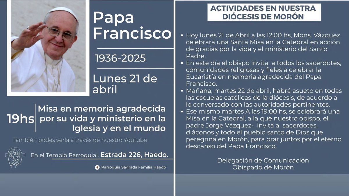 Misas y asueto en varios colegios del Oeste por la muerte del Papa Francisco.