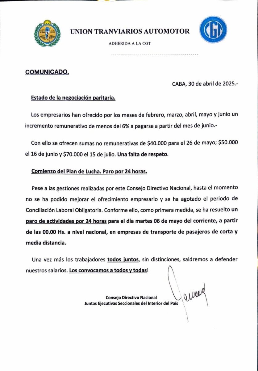 Comunicado de la UTA por el paro de colectivos.