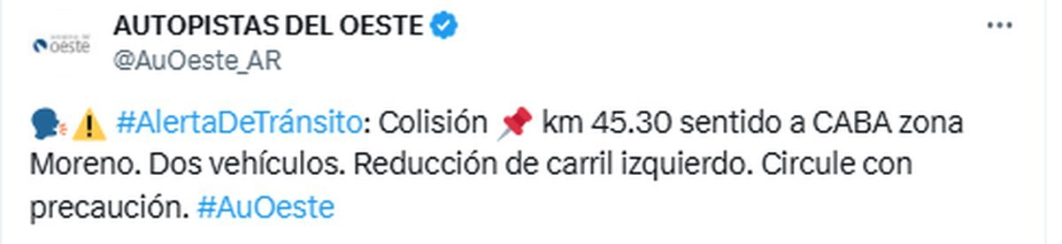 Choque en Acceso Oeste a la altura de Moreno: demoras y reducci&oacute;n de un carril.