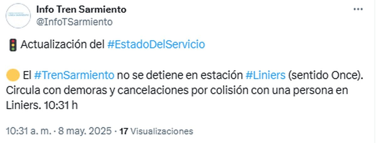 Tras un accidente, el Tren Sarmiento no se detiene en Liniers y circula con demoras.
