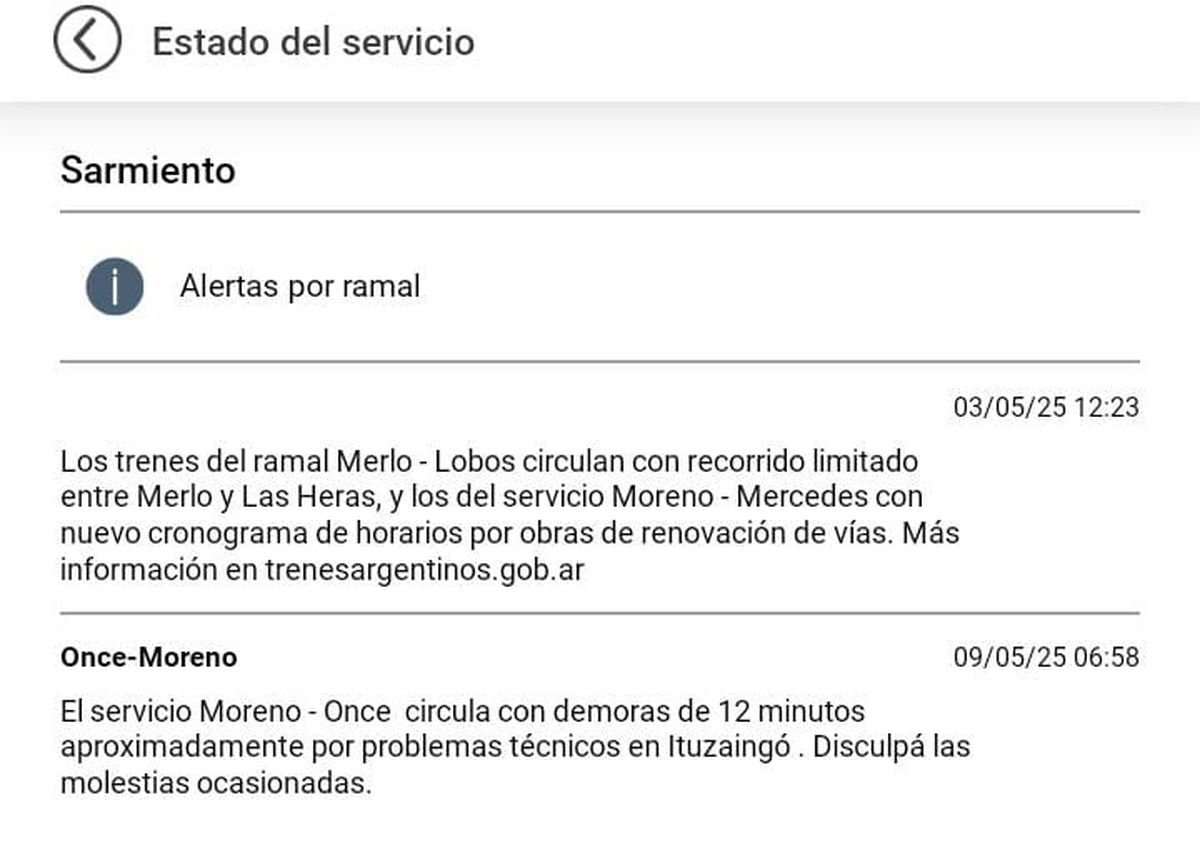 El Tren Sarmiento circula con demoras de m&aacute;s de 10 minutos por problemas en Ituzaing&oacute;.