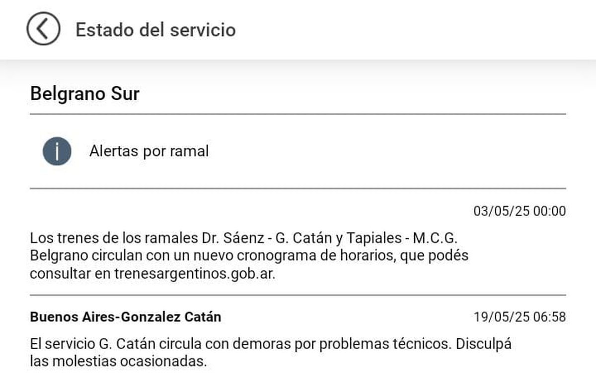 Demoras y cancelaciones en el Belgrano Sur este lunes.
