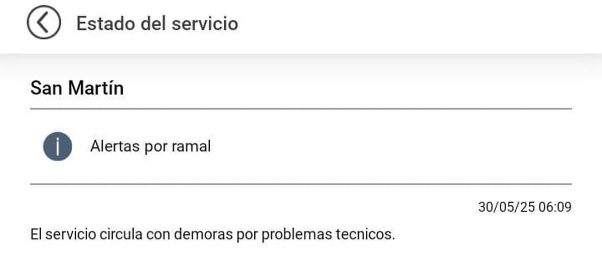 Nuevamente el Tren San Mart&iacute;n funciona con demoras y cancelaciones esta ma&ntilde;ana.