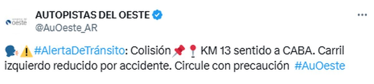 Demoras y un carril reducido en Acceso Oeste tras un accidente sentido a Capital Federal.