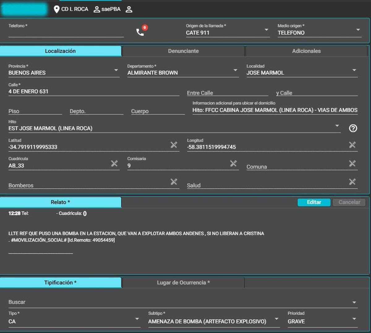 Amenaza de bomba en el Tren Roca: "Van a explotar ambos andenes, si no liberan a Cristina".