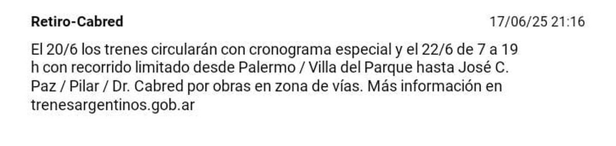 El Tren San Mart&iacute;n funcionar&aacute; con cronograma especial y recorrido limitado.