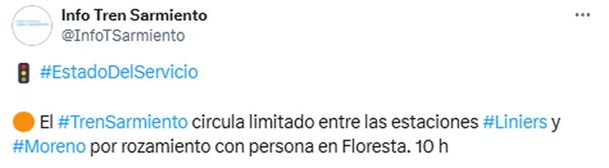 El Tren Sarmiento circula con servicio limitado entre Liniers y Moreno tras un accidente.