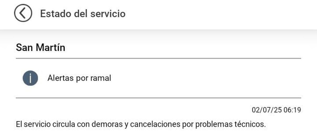Otra vez el Tren San Mart&iacute;n funciona con demoras.