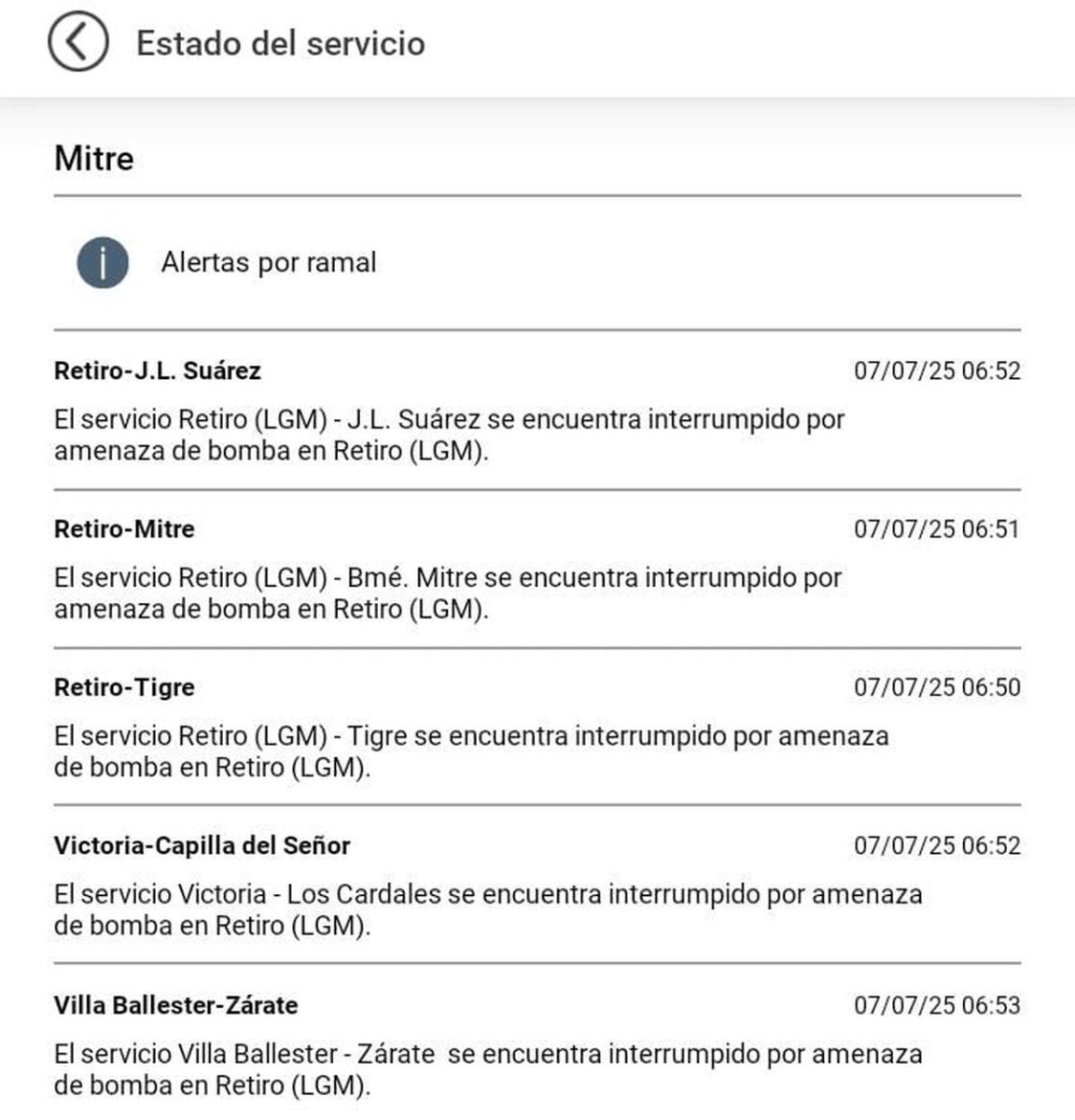 Amenaza de bomba en el Tren Mitre y demoras en el Tren San Mart&iacute;n este lunes.