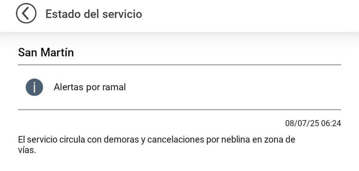 El Tren San Mart&iacute;n funciona con demoras por la neblina.
