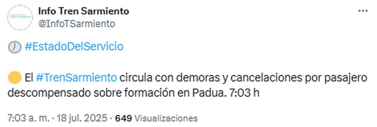 Hay demoras y cancelaciones en el Tren Sarmiento en la ma&ntilde;ana de este viernes.