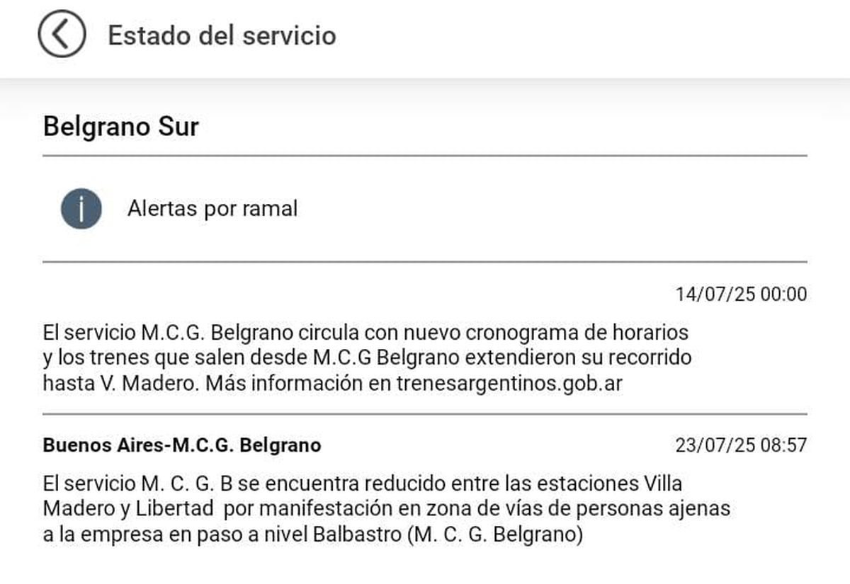 El Belgrano Sur funciona reducido entre Villa Madero y Libertad por una manifestaci&oacute;n.
