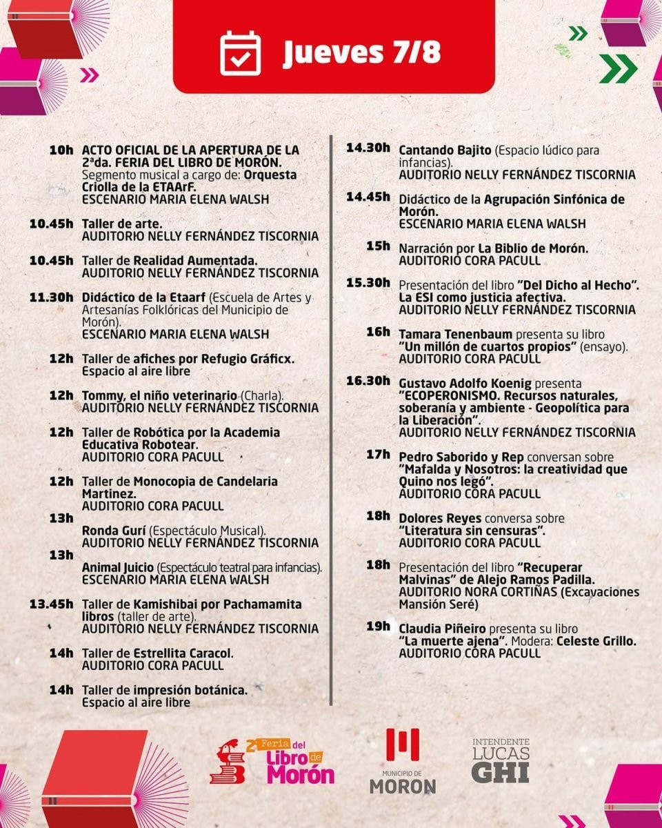 El cronograma de la Feria del Libro en Mor&oacute;n: m&aacute;s de 50 stands, escritores, show y m&aacute;s.