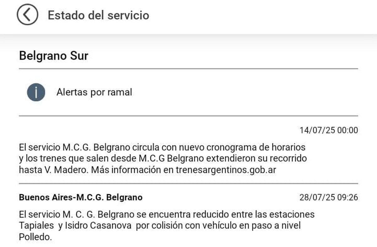 Por un accidente en un paso a nivel, el Belgrano Sur funciona con servicio limitado.