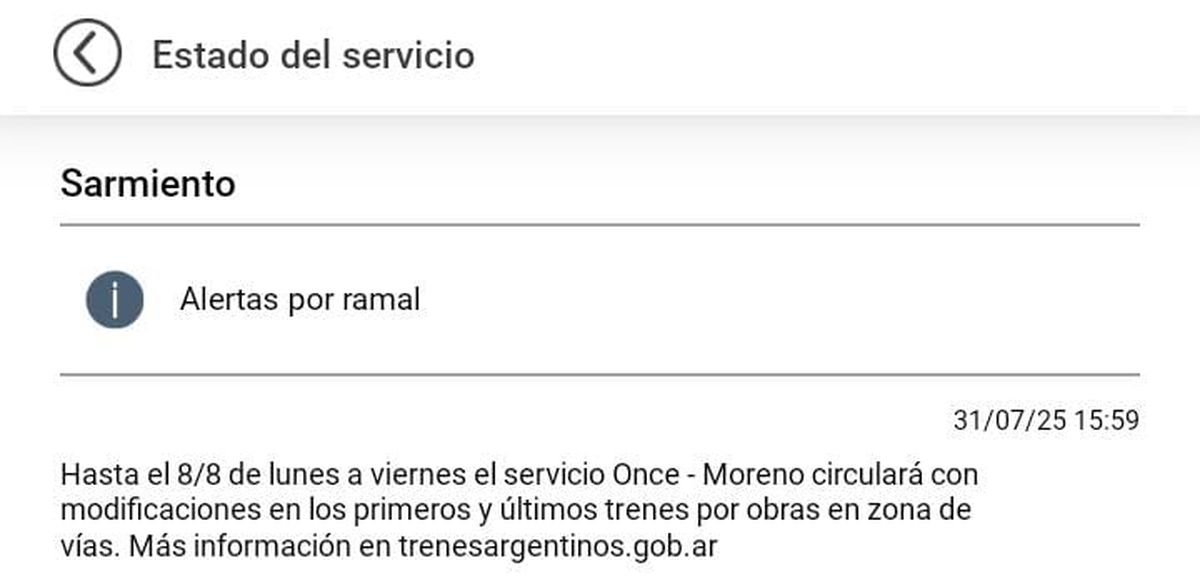 Volvieron a extender la reducci&oacute;n de horarios del Tren Sarmiento en su ramal Once - Moreno.